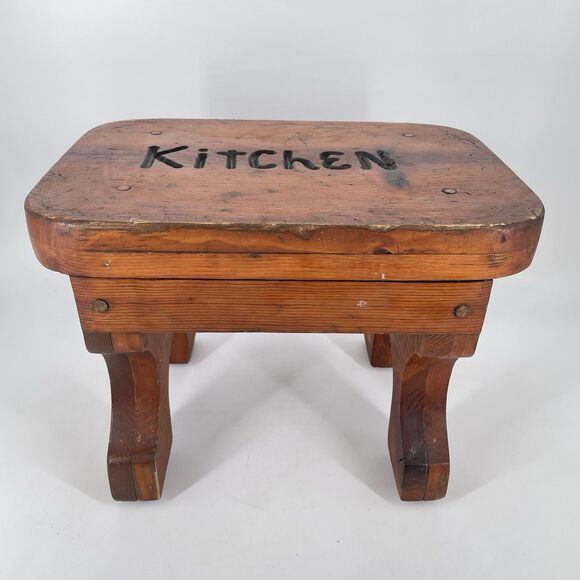 Vintage Solid Wood Stool “Kitchen” Rustic Farmhouse Primitive Decor - Picture 3 of 10